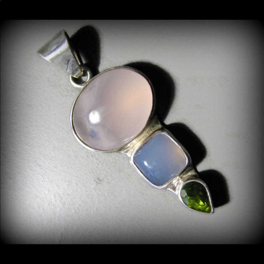 Vintage sterling CHARLES ALBERT rose quartz chalcedony and peridot pendant